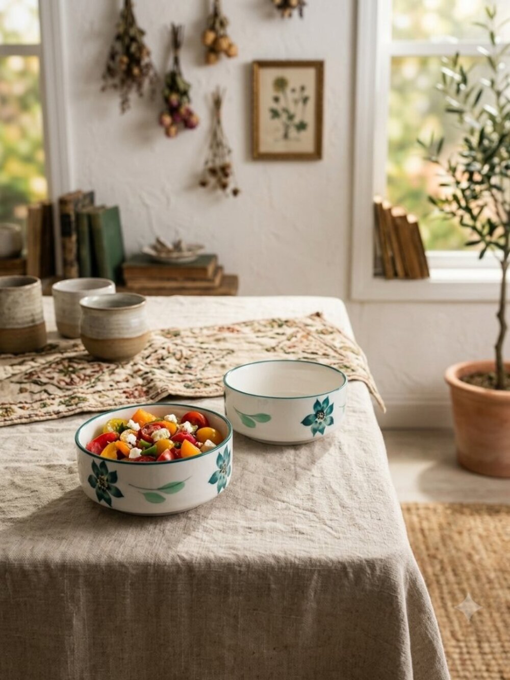 Seimanen Garden Unique Set of 2 Handpainted Asian Bowls Green Rim Beautiful